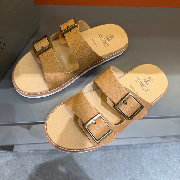 Brunello Cucinelli Shoes - Brunello Cucinelli Beige-Tan Double Buckle Leather Slides